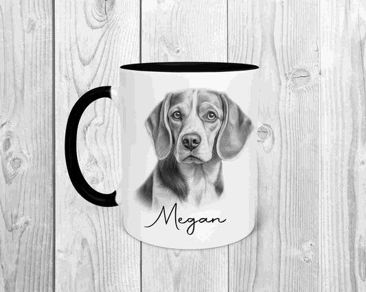 A sketchy image of a beagle dog facing you, on a mug with a black handle and a black inside, personalised with a name underneath the image.