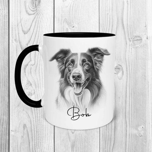 A white mug with a black handle and a black inside.  Image printed on the front of the mug is a sketch of a border collie with the name Bob written underneath in black text.