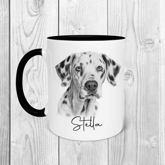 A sketchy image of a dalmation dog facing you, on a mug with a black handle and a black inside, personalised with a name underneath the image.