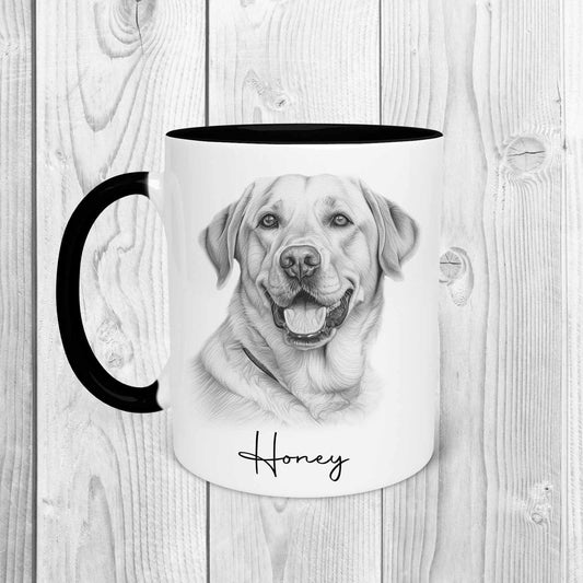 A white mug with a black inside and a black handle featuring a light labrador dog in a sketchy style, with a name underneath in cursive text