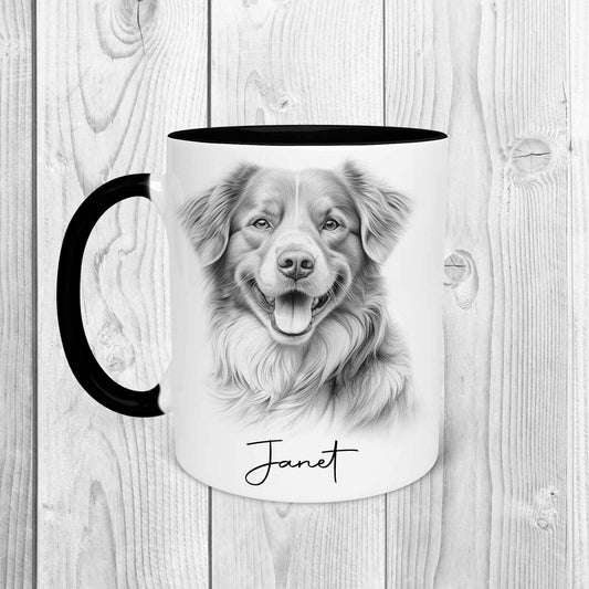 A white mug with a black inside and a black handle featuring a toller retriever dog in a sketchy style, with a name underneath in cursive text