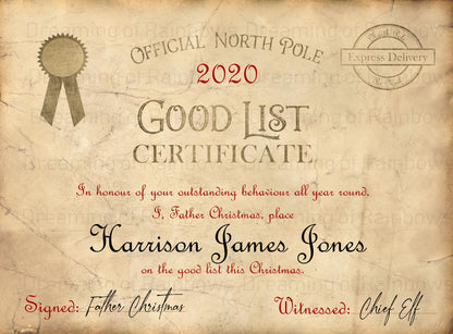 Personalised Vintage Letter from Father Christmas | Personalised Nice List Certificate