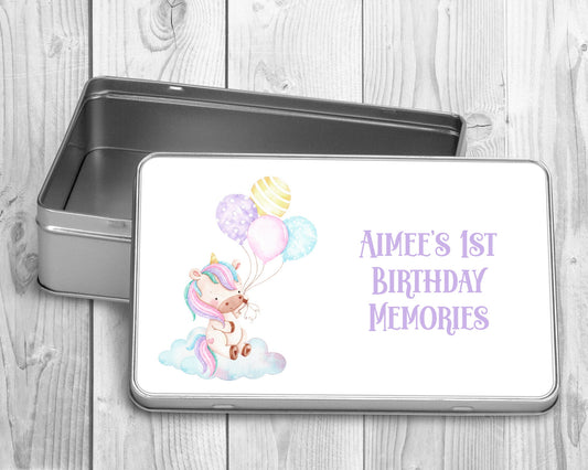 Personalised Unicorn First Birthday Tin | First Birthday Memory Box | First Birthday Gift