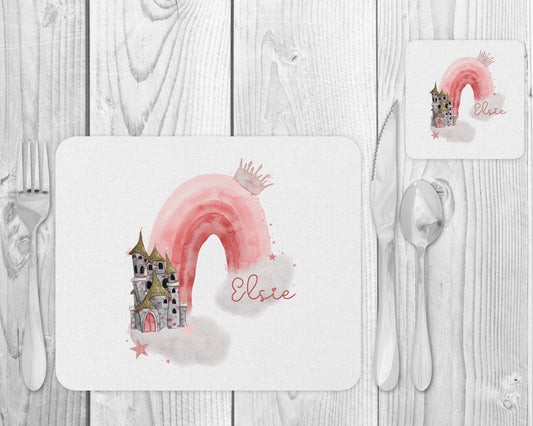 Personalised Princess Placemat and Coaster | Rainbow Placemat with Name | Pink Princess